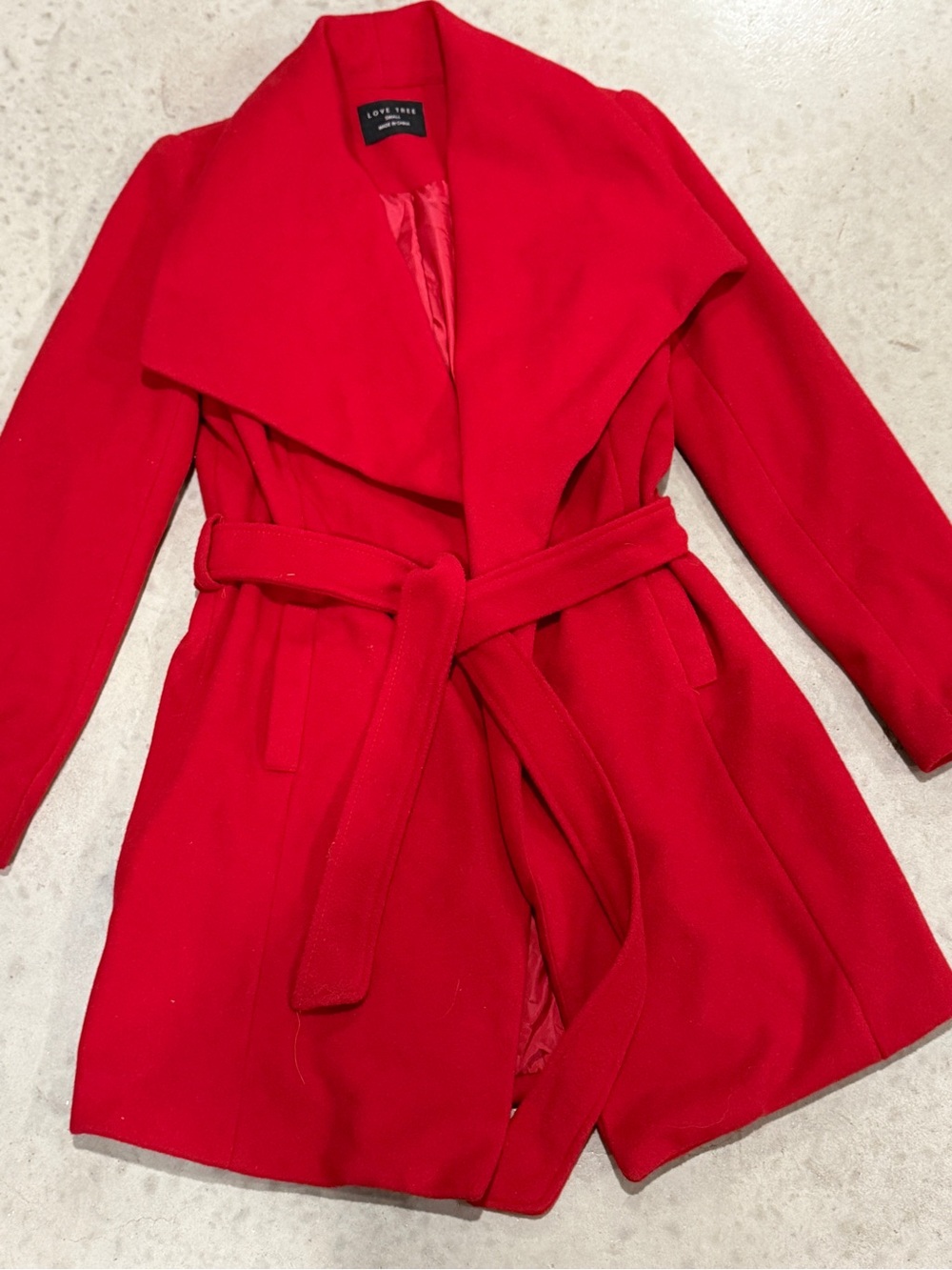 Love Tree Bright Red Wrap Trench Coat with Self-Tie Belt